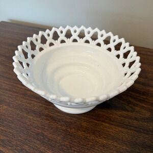 Vintage White Milk Glass Pedestal Bowl Open Lace Lattice Edge Footed Dish